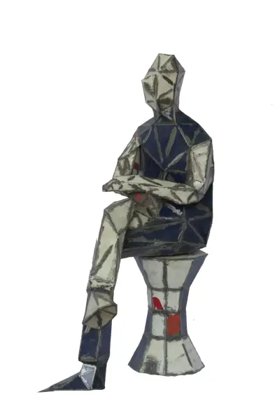 Product image 3 of the product “Seated Man on stool, 140cm height, sculpture from upcyceled oil barrel. ”